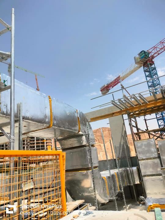 Insulated GI duct riser on Dubai South construction site